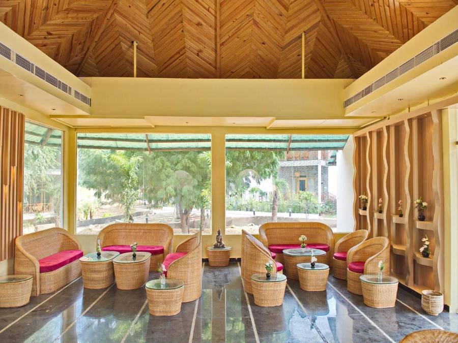 Lobby lounge with wicker seating